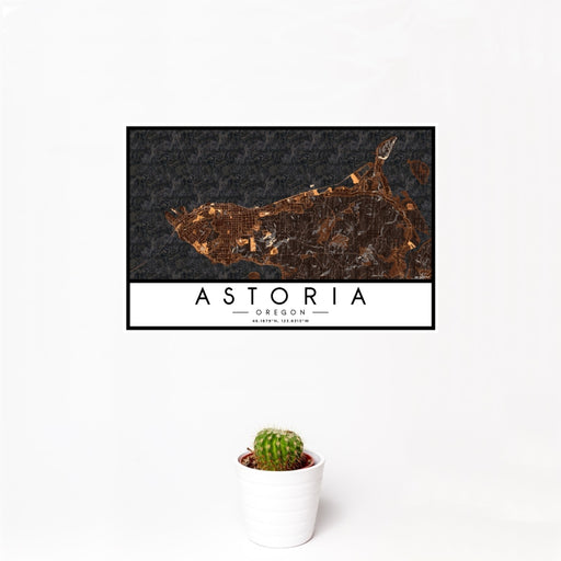 12x18 Astoria Oregon Map Print Landscape Orientation in Ember Style With Small Cactus Plant in White Planter