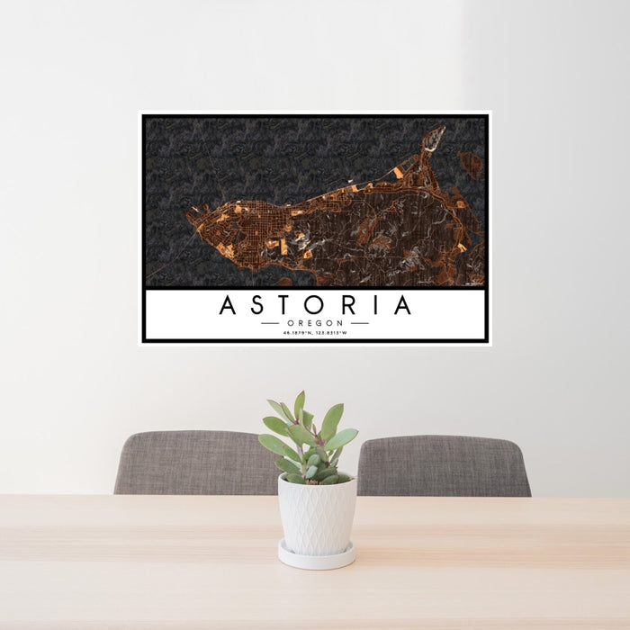 24x36 Astoria Oregon Map Print Landscape Orientation in Ember Style Behind 2 Chairs Table and Potted Plant
