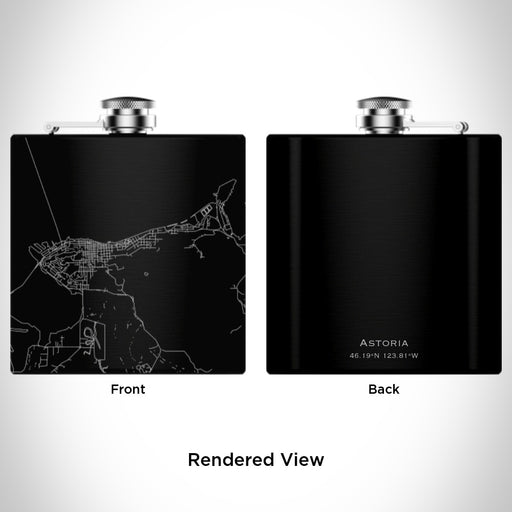 Rendered View of Astoria Oregon Map Engraving on 6oz Stainless Steel Flask in Black