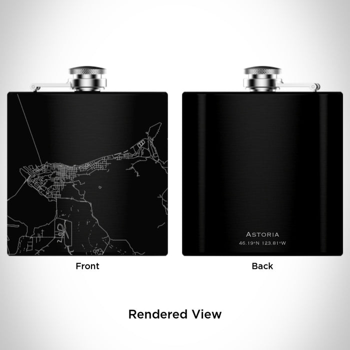 Rendered View of Astoria Oregon Map Engraving on 6oz Stainless Steel Flask in Black