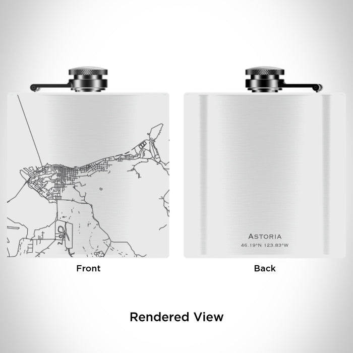 Rendered View of Astoria Oregon Map Engraving on 6oz Stainless Steel Flask in White