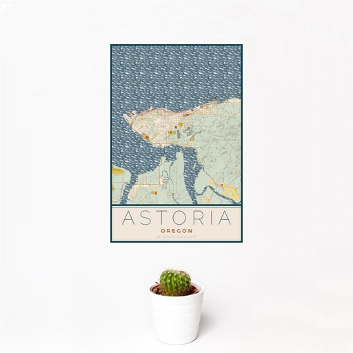 12x18 Astoria Oregon Map Print Portrait Orientation in Woodblock Style With Small Cactus Plant in White Planter