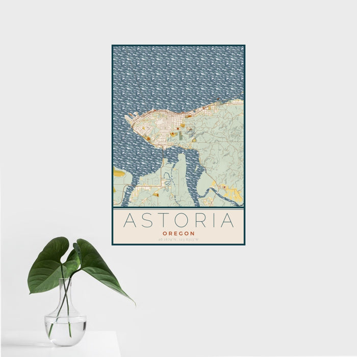 16x24 Astoria Oregon Map Print Portrait Orientation in Woodblock Style With Tropical Plant Leaves in Water