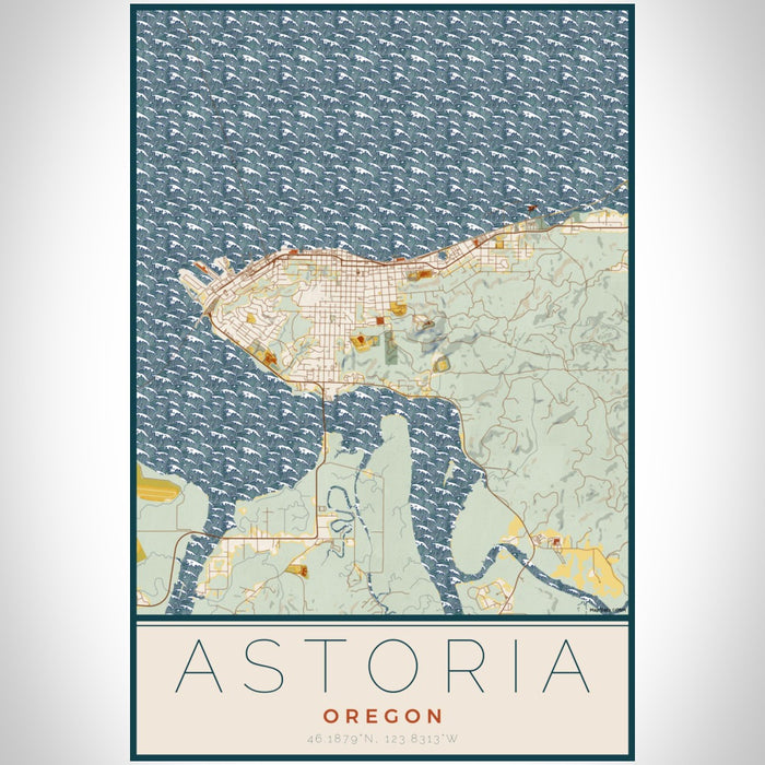 Astoria Oregon Map Print Portrait Orientation in Woodblock Style With Shaded Background