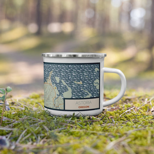 Right View Custom Astoria Oregon Map Enamel Mug in Woodblock on Grass With Trees in Background