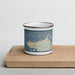 Front View Custom Astoria Oregon Map Enamel Mug in Woodblock on Cutting Board