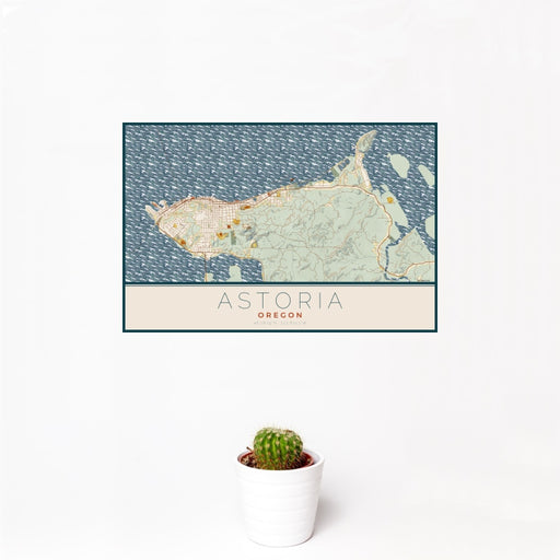 12x18 Astoria Oregon Map Print Landscape Orientation in Woodblock Style With Small Cactus Plant in White Planter