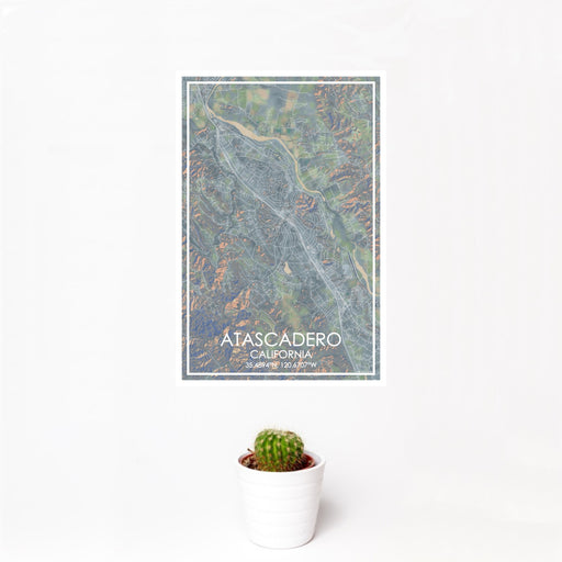 12x18 Atascadero California Map Print Portrait Orientation in Afternoon Style With Small Cactus Plant in White Planter