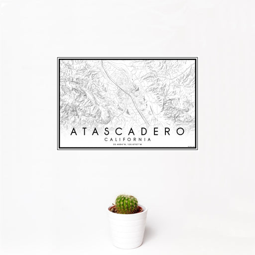 12x18 Atascadero California Map Print Landscape Orientation in Classic Style With Small Cactus Plant in White Planter