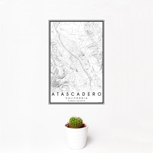 12x18 Atascadero California Map Print Portrait Orientation in Classic Style With Small Cactus Plant in White Planter