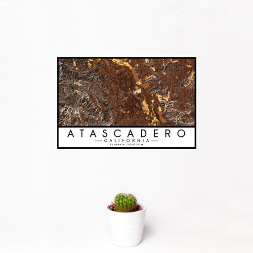 12x18 Atascadero California Map Print Landscape Orientation in Ember Style With Small Cactus Plant in White Planter