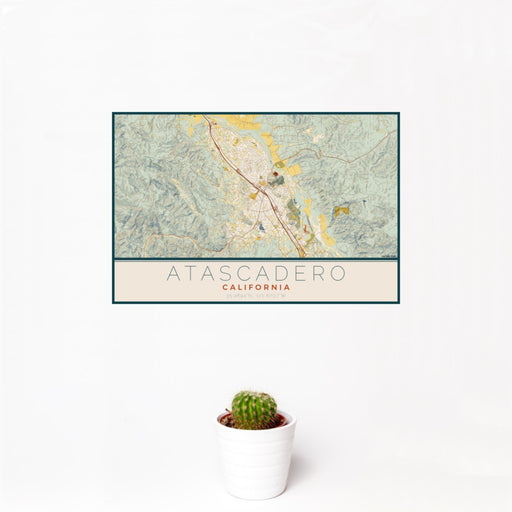 12x18 Atascadero California Map Print Landscape Orientation in Woodblock Style With Small Cactus Plant in White Planter