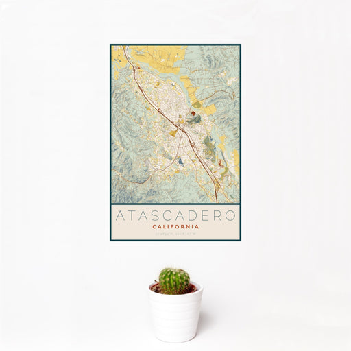 12x18 Atascadero California Map Print Portrait Orientation in Woodblock Style With Small Cactus Plant in White Planter