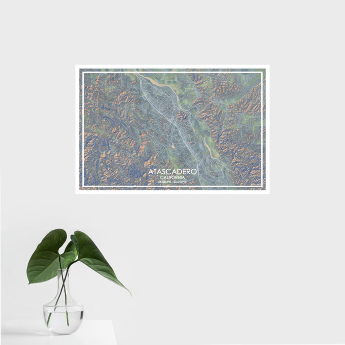 16x24 Atascadero California Map Print Landscape Orientation in Afternoon Style With Tropical Plant Leaves in Water