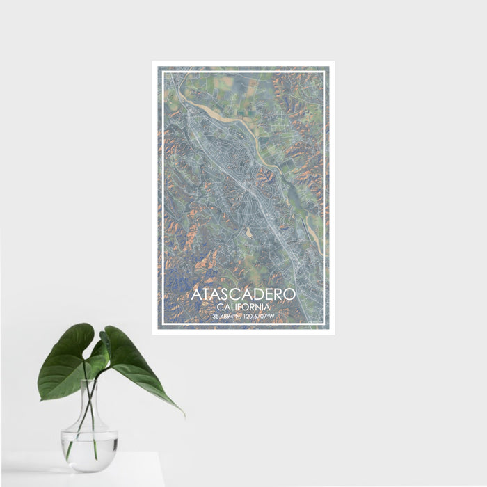 16x24 Atascadero California Map Print Portrait Orientation in Afternoon Style With Tropical Plant Leaves in Water