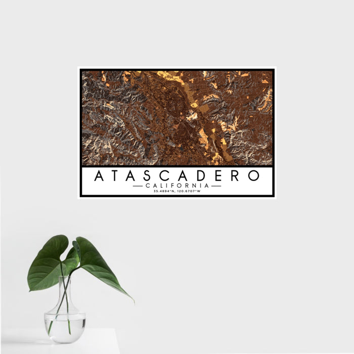 16x24 Atascadero California Map Print Landscape Orientation in Ember Style With Tropical Plant Leaves in Water