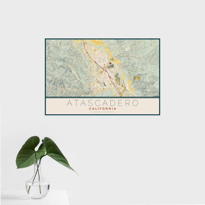 16x24 Atascadero California Map Print Landscape Orientation in Woodblock Style With Tropical Plant Leaves in Water
