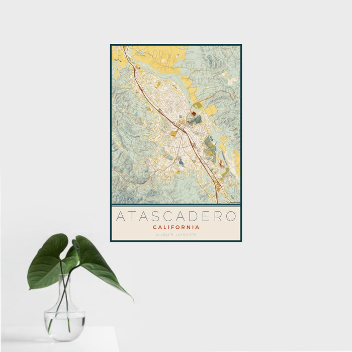 16x24 Atascadero California Map Print Portrait Orientation in Woodblock Style With Tropical Plant Leaves in Water