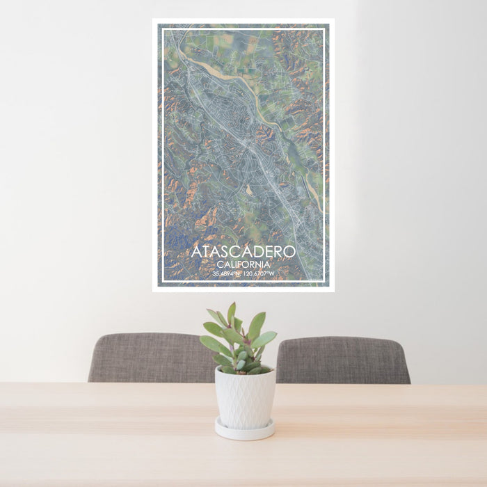 24x36 Atascadero California Map Print Portrait Orientation in Afternoon Style Behind 2 Chairs Table and Potted Plant