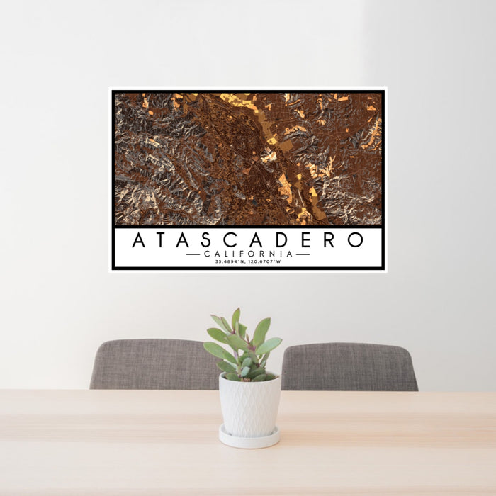 24x36 Atascadero California Map Print Lanscape Orientation in Ember Style Behind 2 Chairs Table and Potted Plant