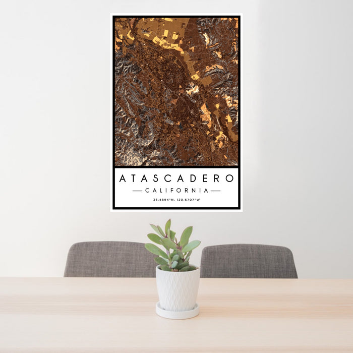 24x36 Atascadero California Map Print Portrait Orientation in Ember Style Behind 2 Chairs Table and Potted Plant