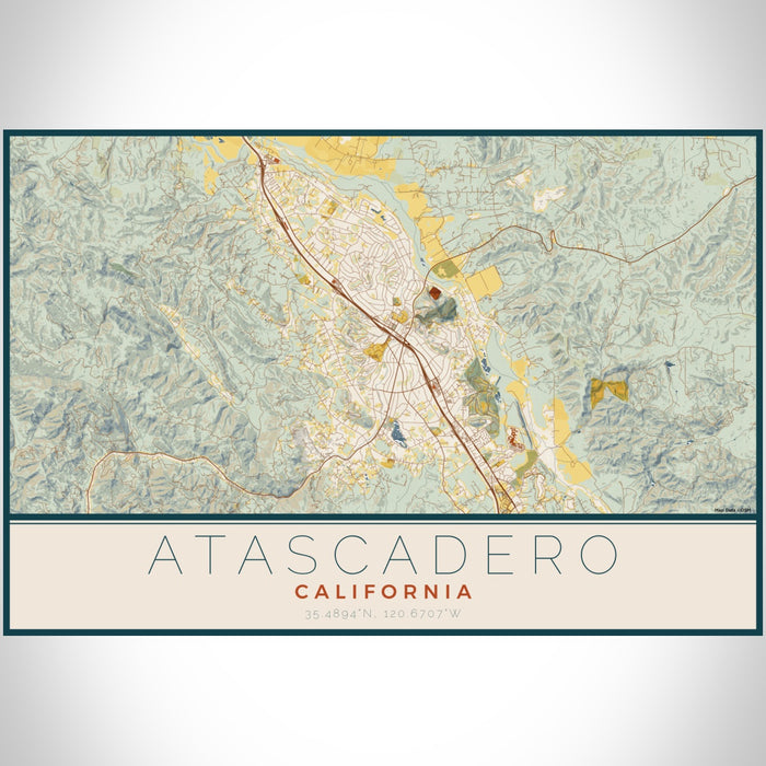 Atascadero California Map Print Landscape Orientation in Woodblock Style With Shaded Background