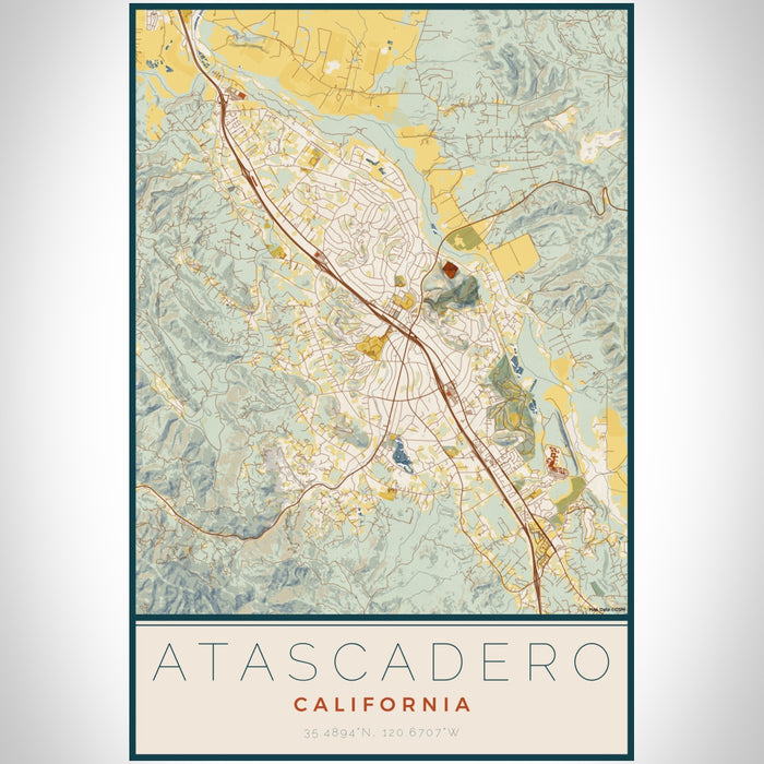 Atascadero California Map Print Portrait Orientation in Woodblock Style With Shaded Background
