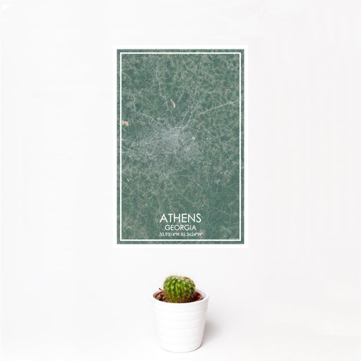 12x18 Athens Georgia Map Print Portrait Orientation in Afternoon Style With Small Cactus Plant in White Planter