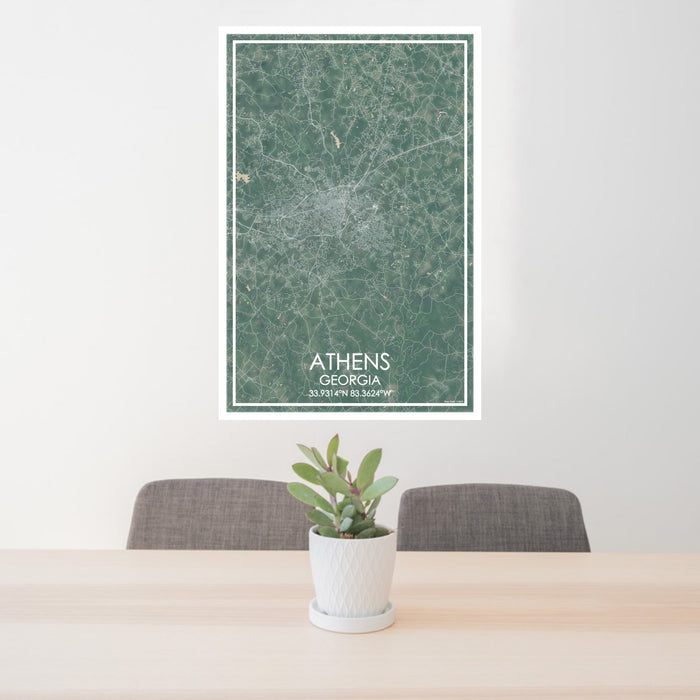 24x36 Athens Georgia Map Print Portrait Orientation in Afternoon Style Behind 2 Chairs Table and Potted Plant