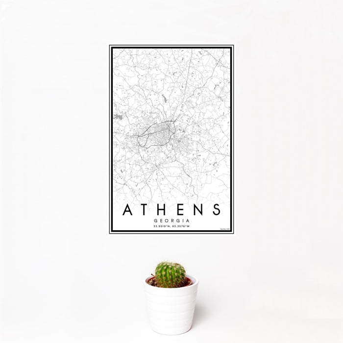 12x18 Athens Georgia Map Print Portrait Orientation in Classic Style With Small Cactus Plant in White Planter