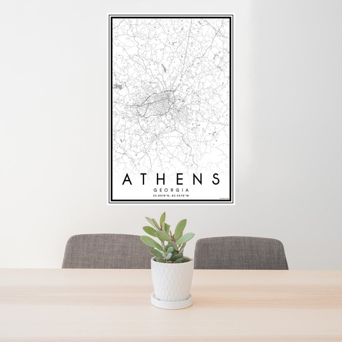 24x36 Athens Georgia Map Print Portrait Orientation in Classic Style Behind 2 Chairs Table and Potted Plant