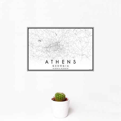 12x18 Athens Georgia Map Print Landscape Orientation in Classic Style With Small Cactus Plant in White Planter