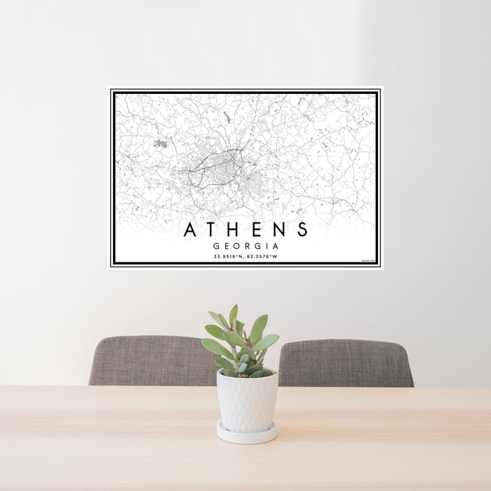 24x36 Athens Georgia Map Print Landscape Orientation in Classic Style Behind 2 Chairs Table and Potted Plant