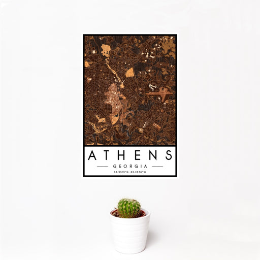 12x18 Athens Georgia Map Print Portrait Orientation in Ember Style With Small Cactus Plant in White Planter