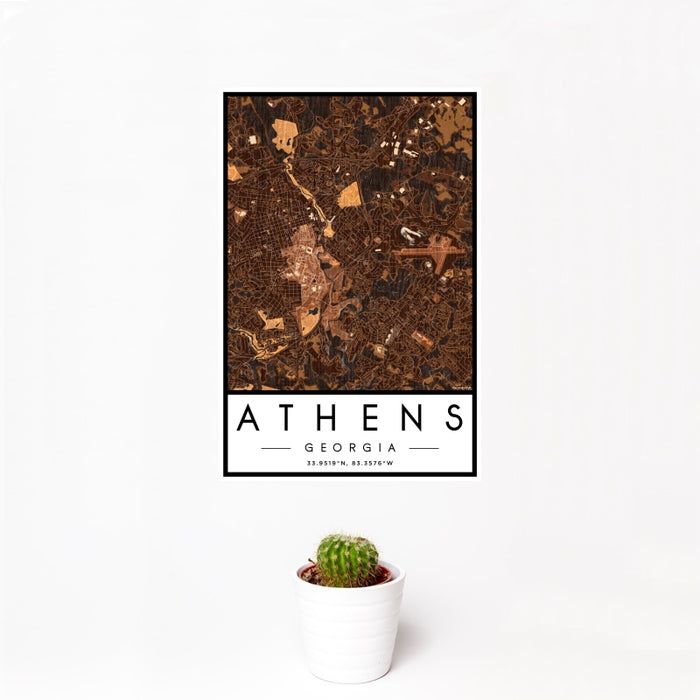 12x18 Athens Georgia Map Print Portrait Orientation in Ember Style With Small Cactus Plant in White Planter