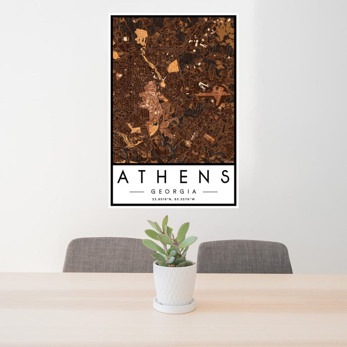 24x36 Athens Georgia Map Print Portrait Orientation in Ember Style Behind 2 Chairs Table and Potted Plant