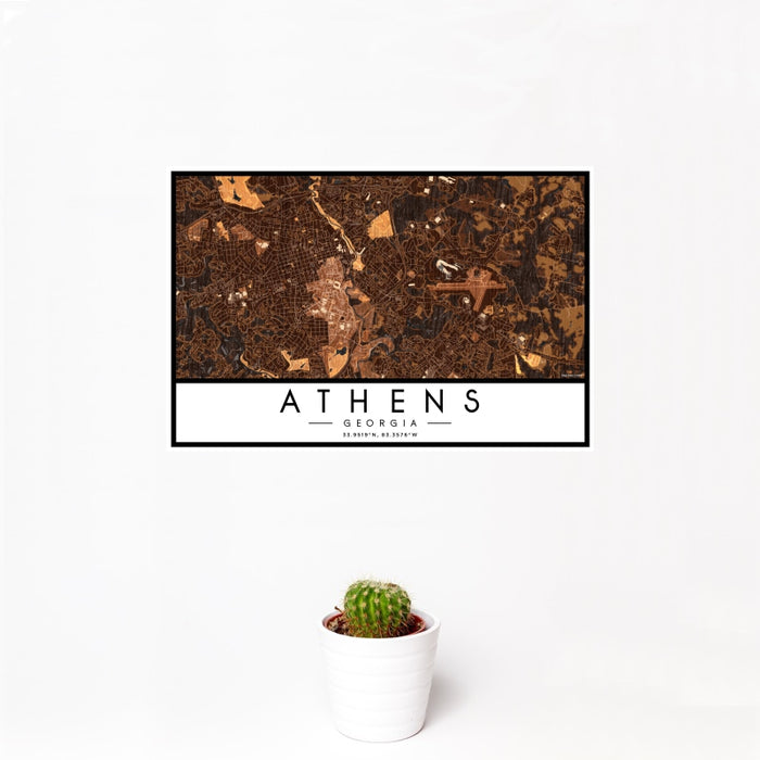12x18 Athens Georgia Map Print Landscape Orientation in Ember Style With Small Cactus Plant in White Planter