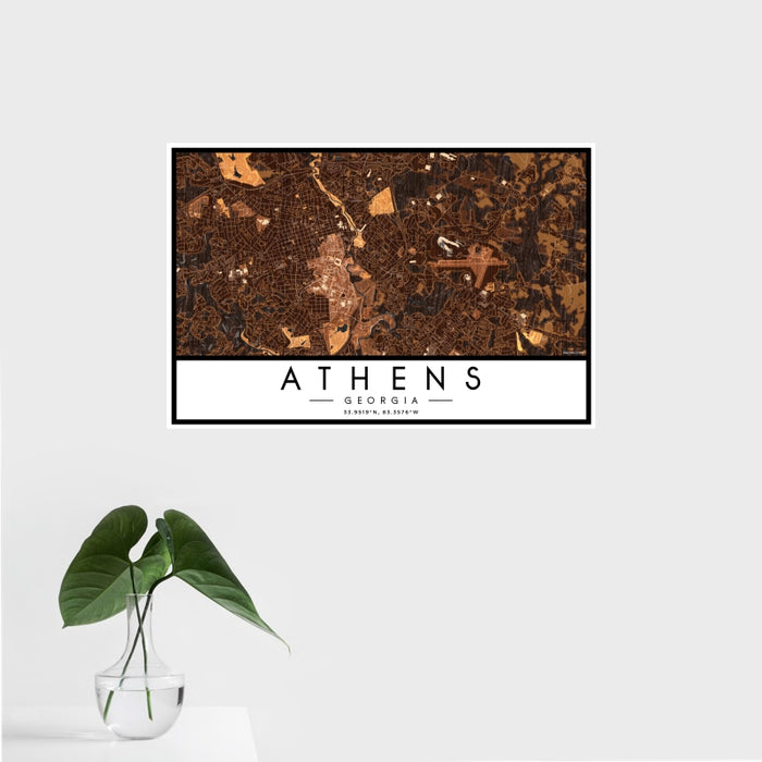 16x24 Athens Georgia Map Print Landscape Orientation in Ember Style With Tropical Plant Leaves in Water