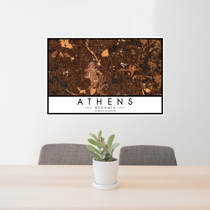24x36 Athens Georgia Map Print Landscape Orientation in Ember Style Behind 2 Chairs Table and Potted Plant