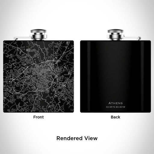Rendered View of Athens Georgia Map Engraving on 6oz Stainless Steel Flask in Black
