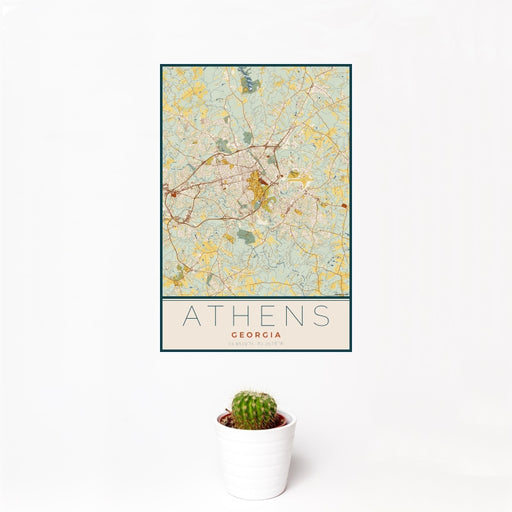 12x18 Athens Georgia Map Print Portrait Orientation in Woodblock Style With Small Cactus Plant in White Planter