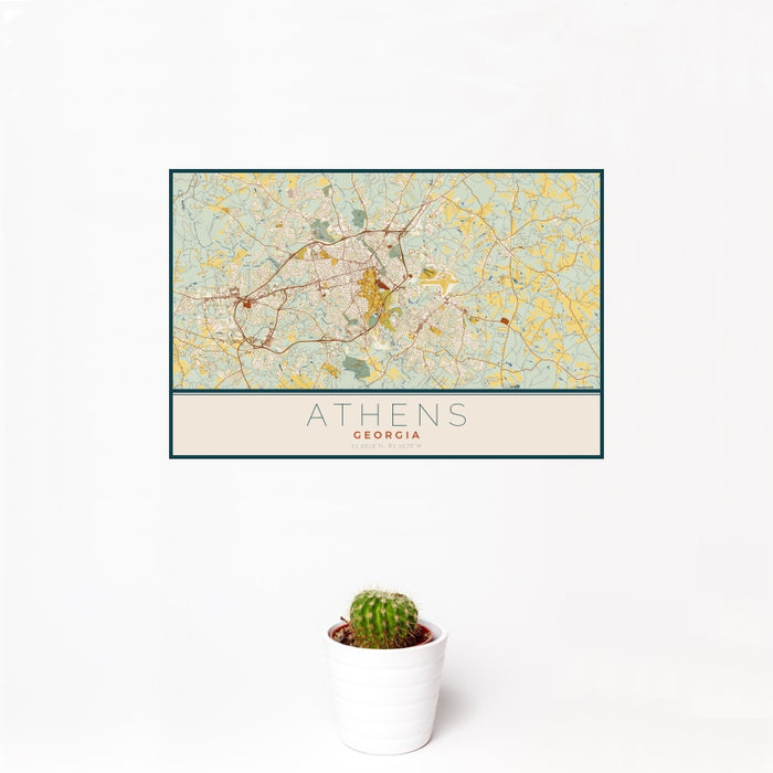 12x18 Athens Georgia Map Print Landscape Orientation in Woodblock Style With Small Cactus Plant in White Planter