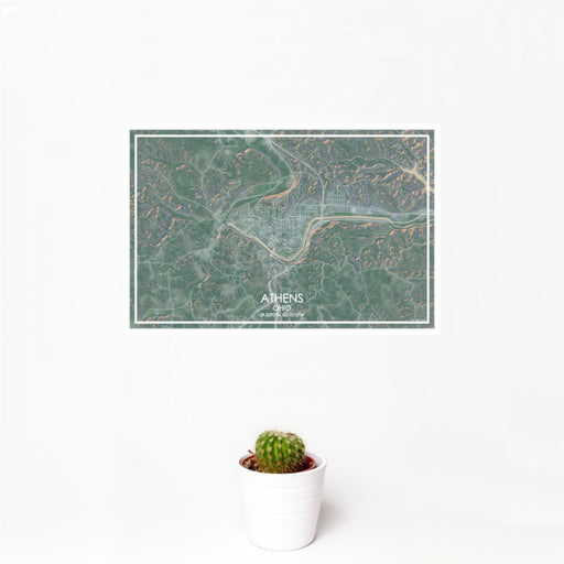 12x18 Athens Ohio Map Print Landscape Orientation in Afternoon Style With Small Cactus Plant in White Planter