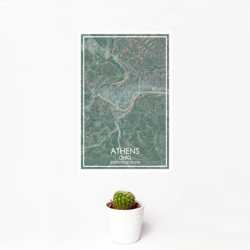 12x18 Athens Ohio Map Print Portrait Orientation in Afternoon Style With Small Cactus Plant in White Planter