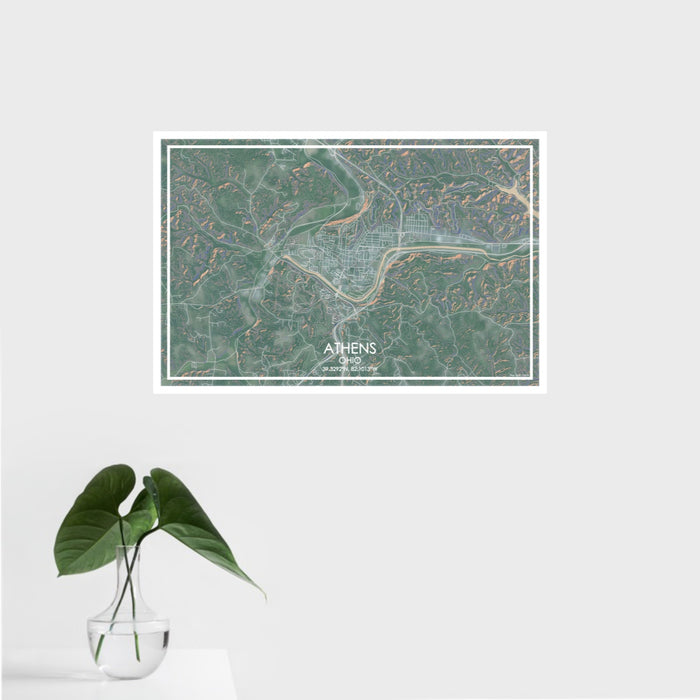 16x24 Athens Ohio Map Print Landscape Orientation in Afternoon Style With Tropical Plant Leaves in Water