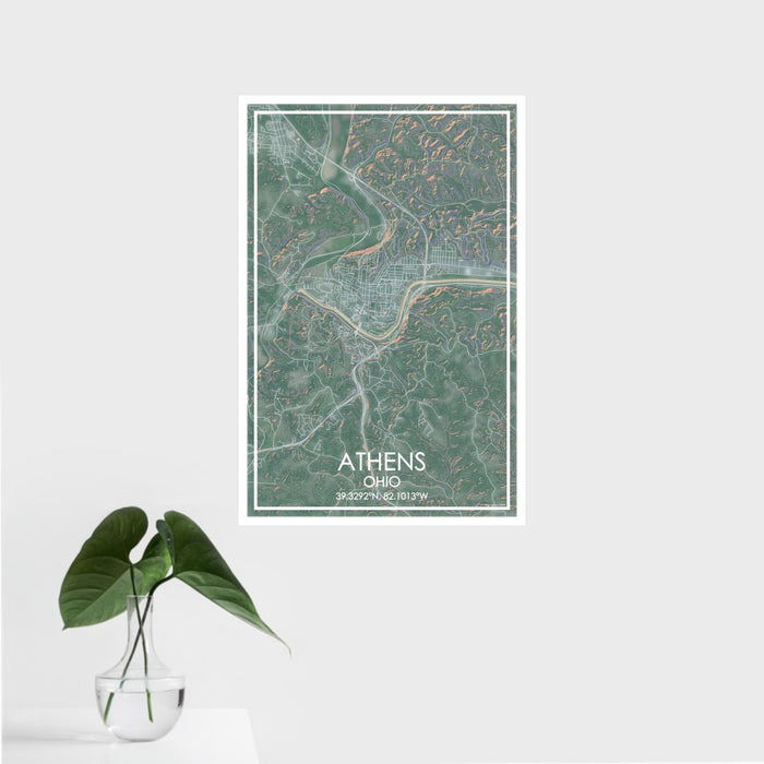 16x24 Athens Ohio Map Print Portrait Orientation in Afternoon Style With Tropical Plant Leaves in Water
