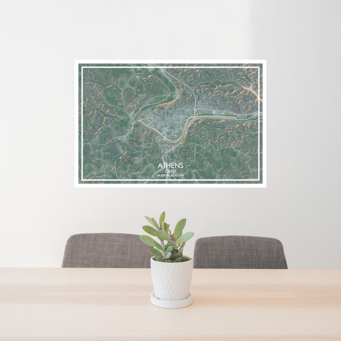 24x36 Athens Ohio Map Print Lanscape Orientation in Afternoon Style Behind 2 Chairs Table and Potted Plant