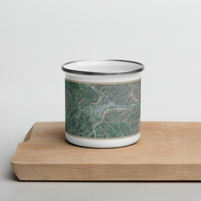 Front View Custom Athens Ohio Map Enamel Mug in Afternoon on Cutting Board