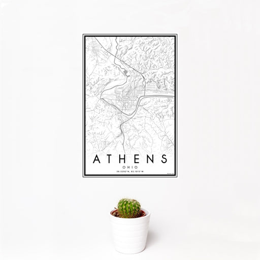 12x18 Athens Ohio Map Print Portrait Orientation in Classic Style With Small Cactus Plant in White Planter
