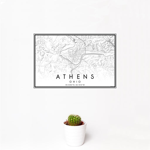 12x18 Athens Ohio Map Print Landscape Orientation in Classic Style With Small Cactus Plant in White Planter